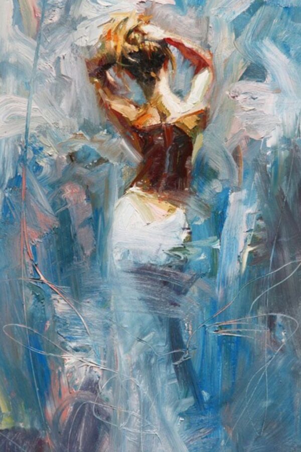 Textured abstract oil painting of a woman in a white dress against a blue and grey background