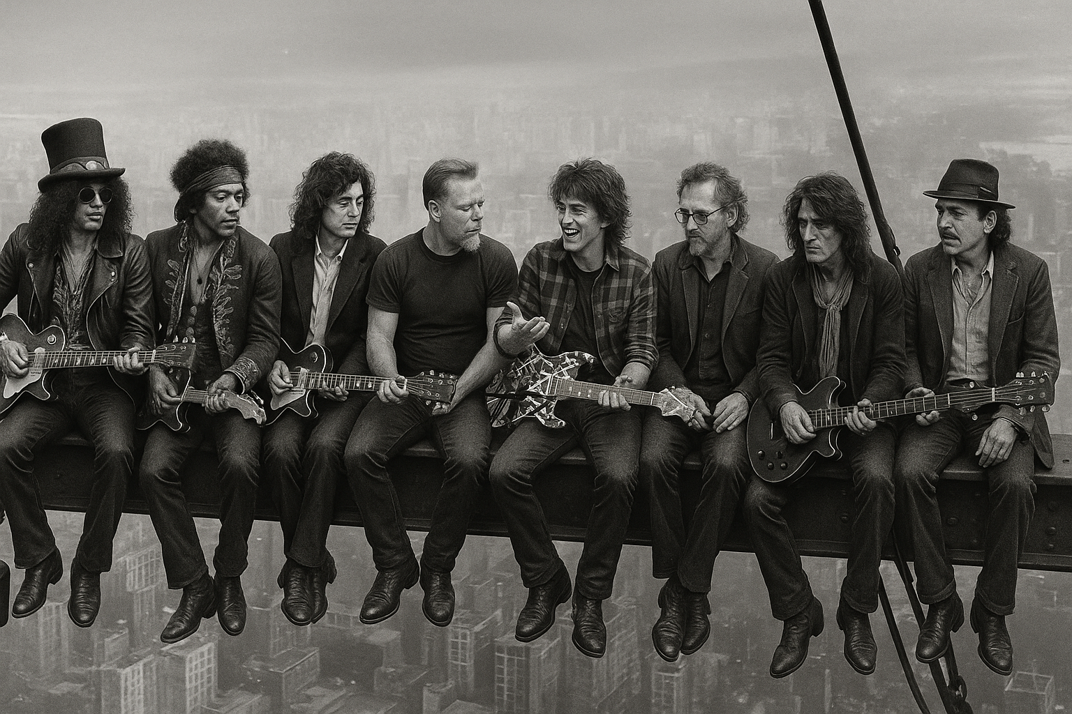 Black and white artwork of musicians sitting on steel beam above city skyline with guitars industrial style