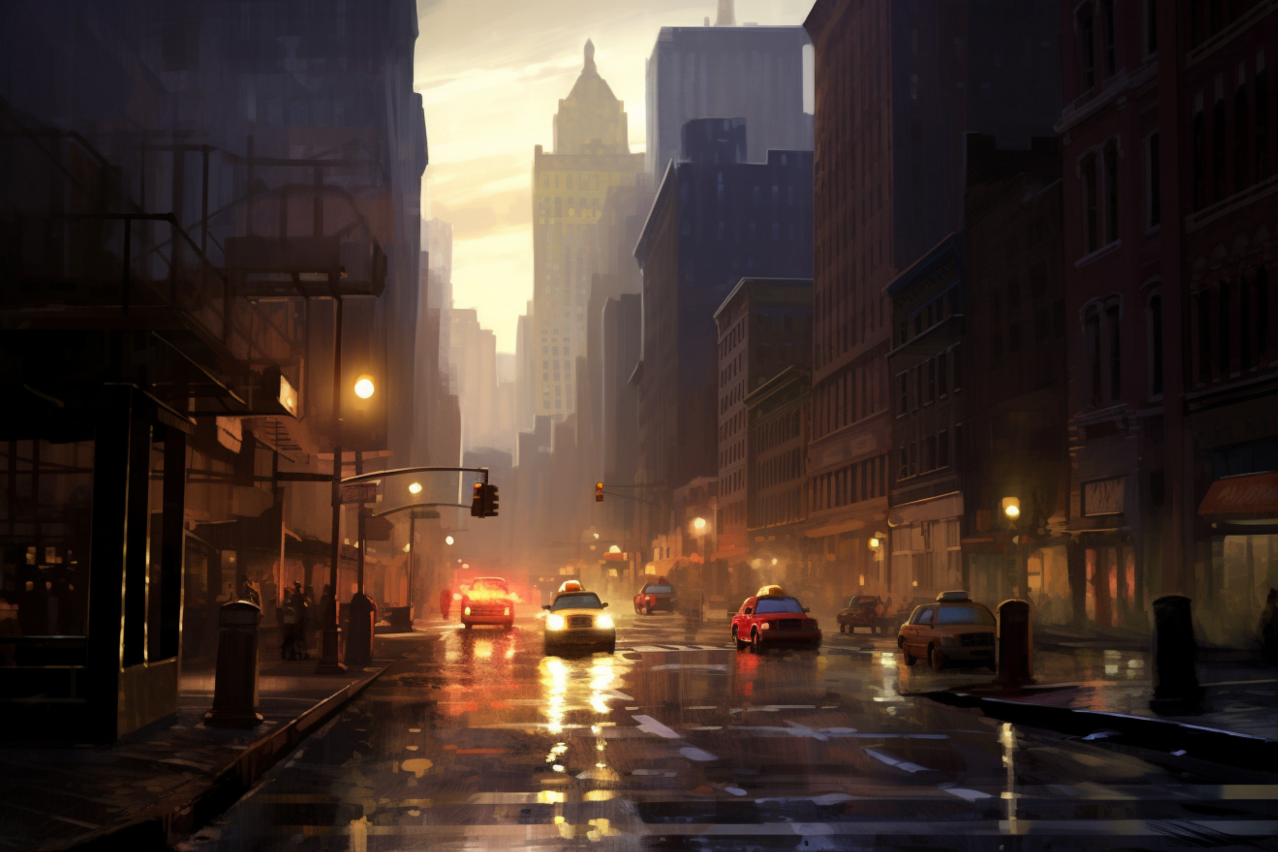 Rainy city street with glowing lights and reflections cinematic urban wall art