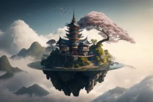 Floating island with temple and cherry blossom tree above clouds surreal fantasy wall art