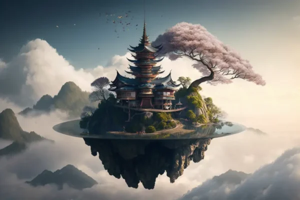 Floating island with temple and cherry blossom tree above clouds surreal fantasy wall art