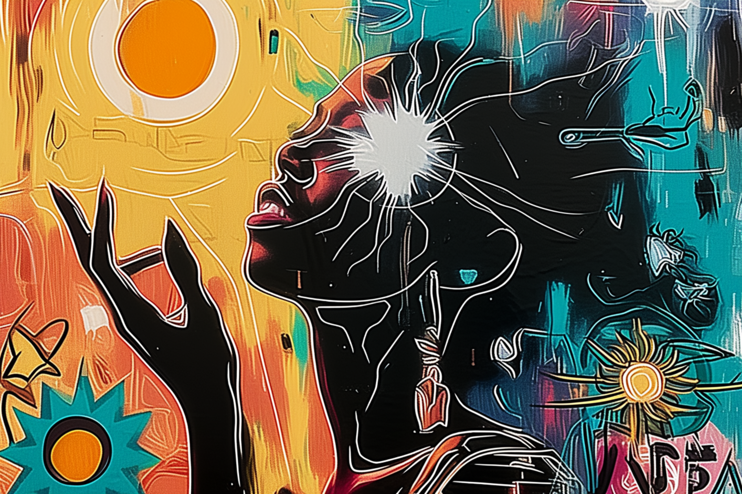 Colorful abstract portrait with glowing light burst and cosmic elements modern street art style