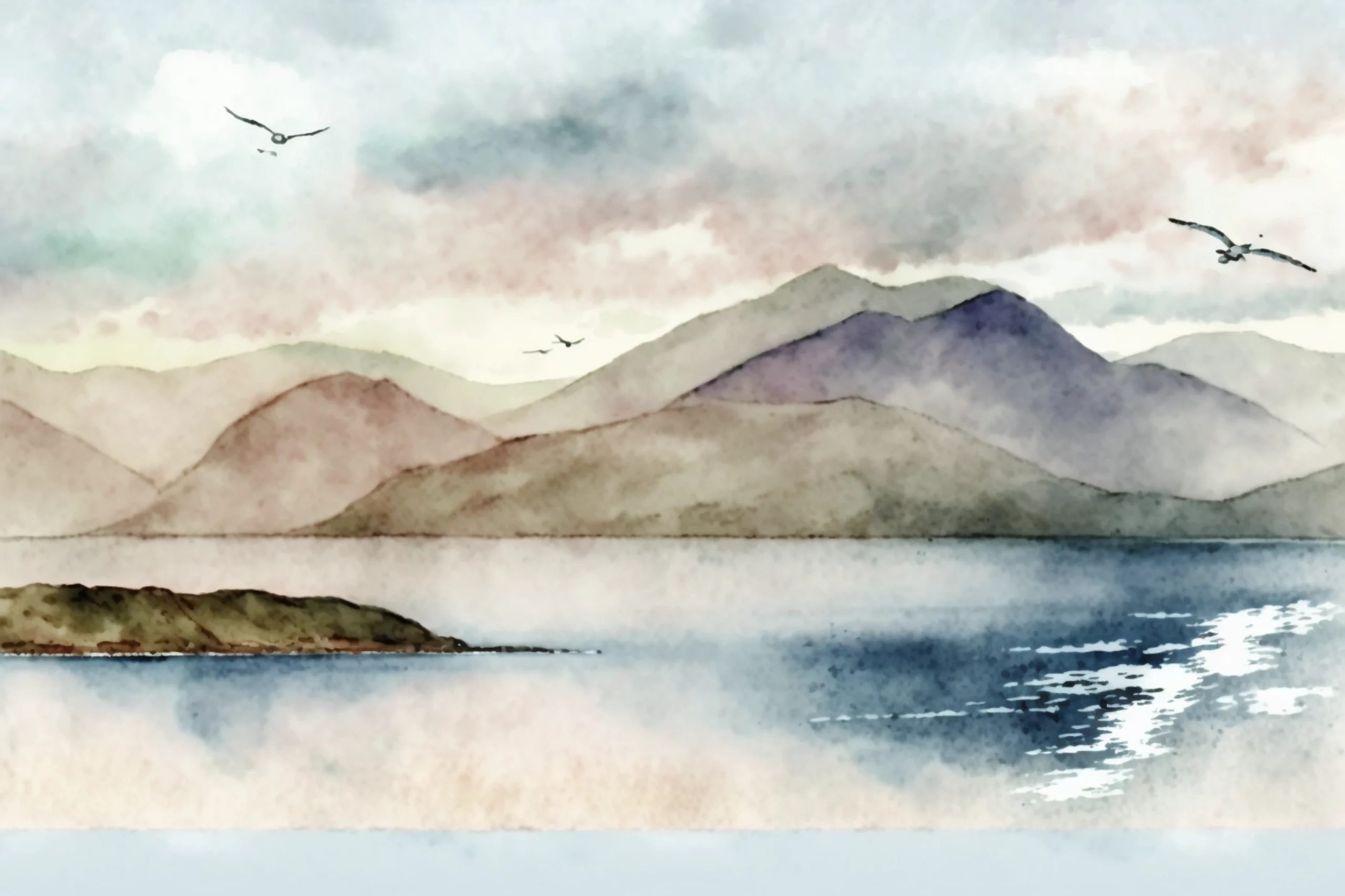 Soft watercolor mountain landscape with lake and birds minimalist calm wall art