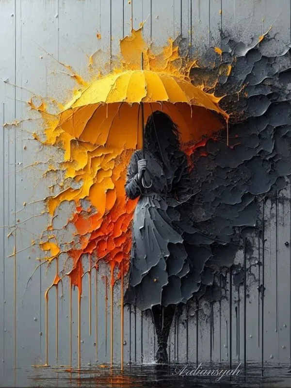 Minimalist artwork of woman with umbrella in black and grey with bright golden splash modern wall art