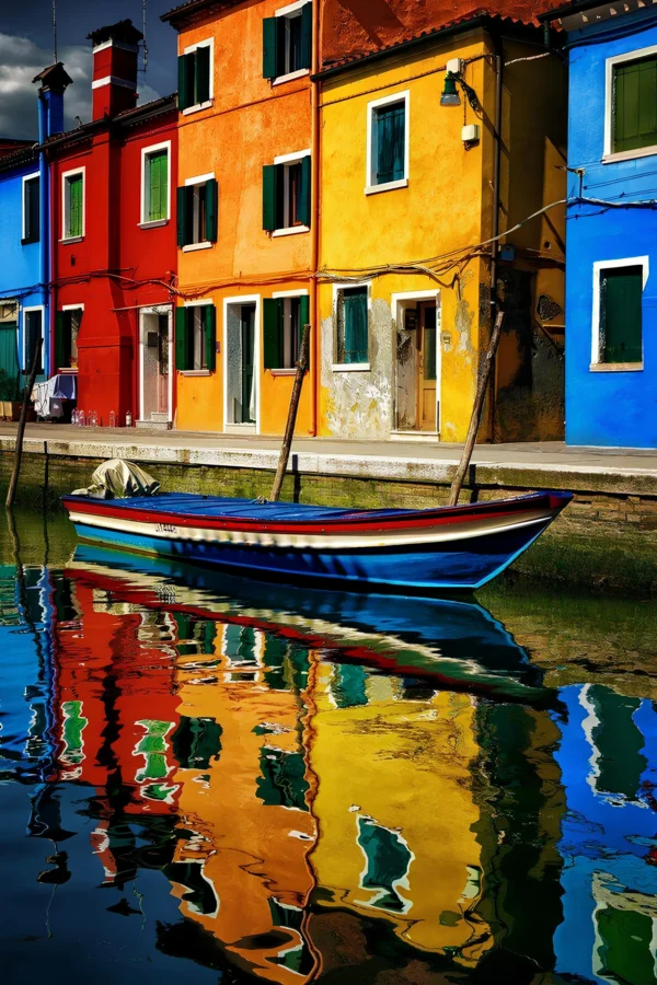 Colorful houses by canal with boat and reflections vibrant Venice style wall art