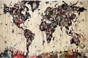 World map formed from small human figures, with dark ink drips and splashes of colour on a cream background.