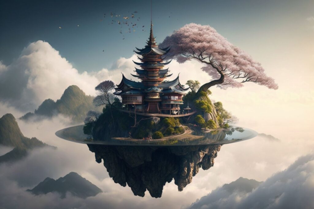 Japanese-style pagoda and pink cherry blossom tree on a floating rocky island above clouds and distant mountains.