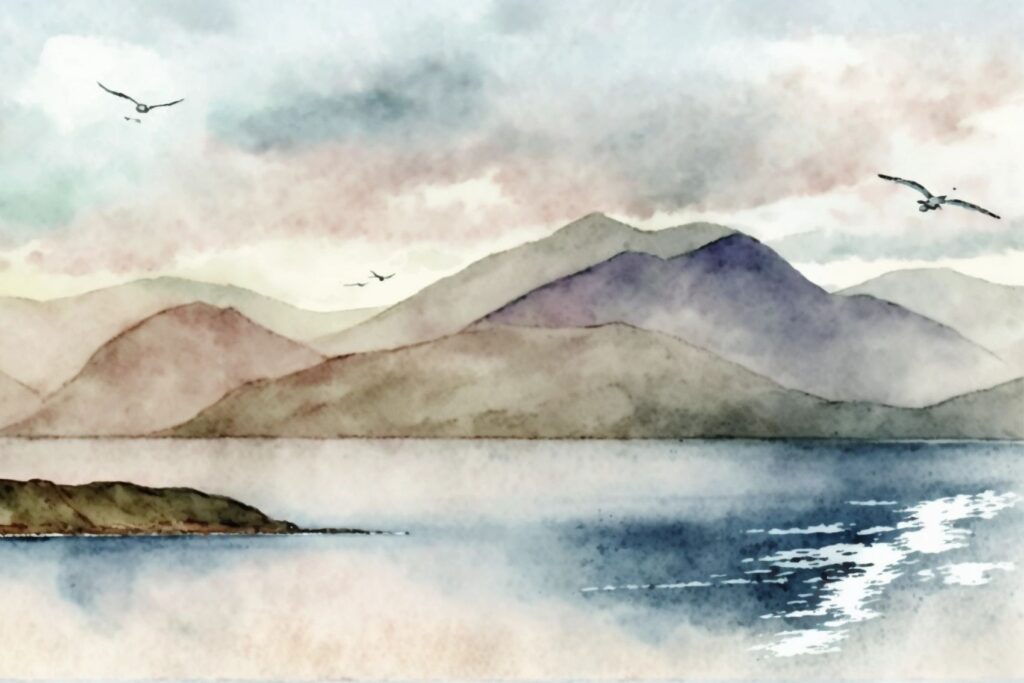 Layered misty mountains and a still lake beneath a soft pink and grey sky, with two small birds in flight.
