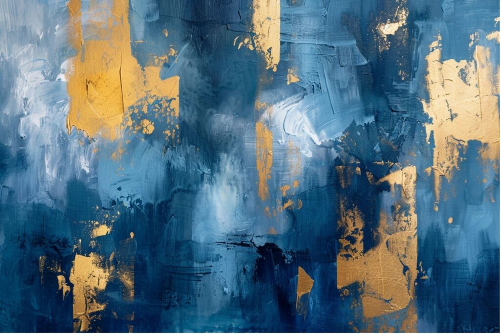 Abstract composition of layered navy, slate blue and pale blue brushwork with scattered gold-coloured accents.