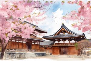 Traditional Japanese temple gate framed by pink cherry blossom branches beneath a pale spring sky.