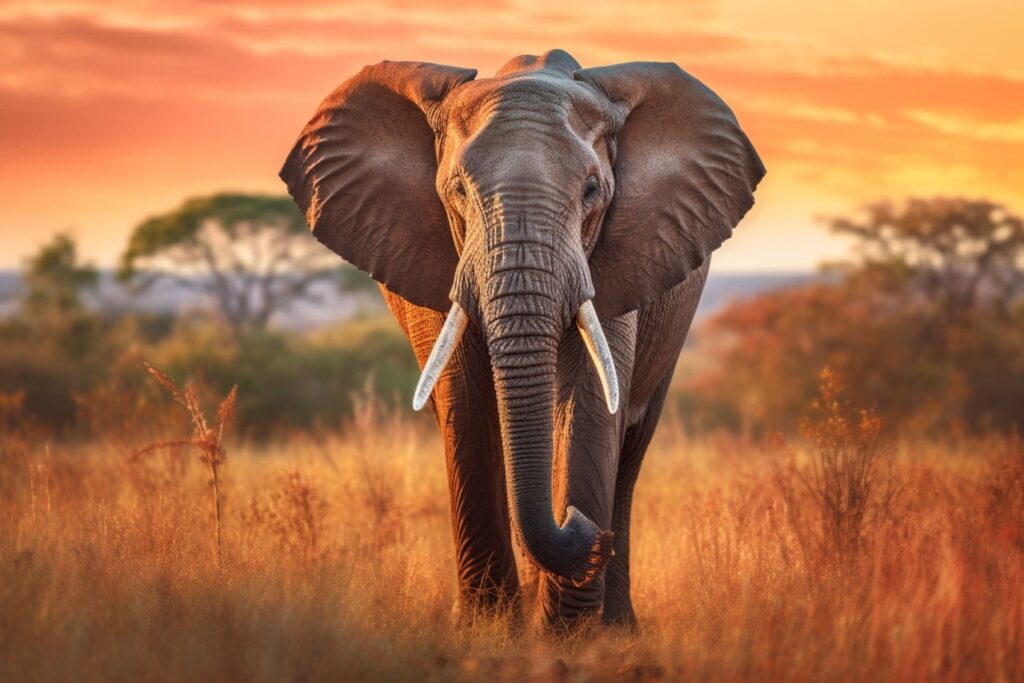 Elephant facing the viewer in golden savanna grass, its tusks and wrinkled skin lit by an orange sunset.