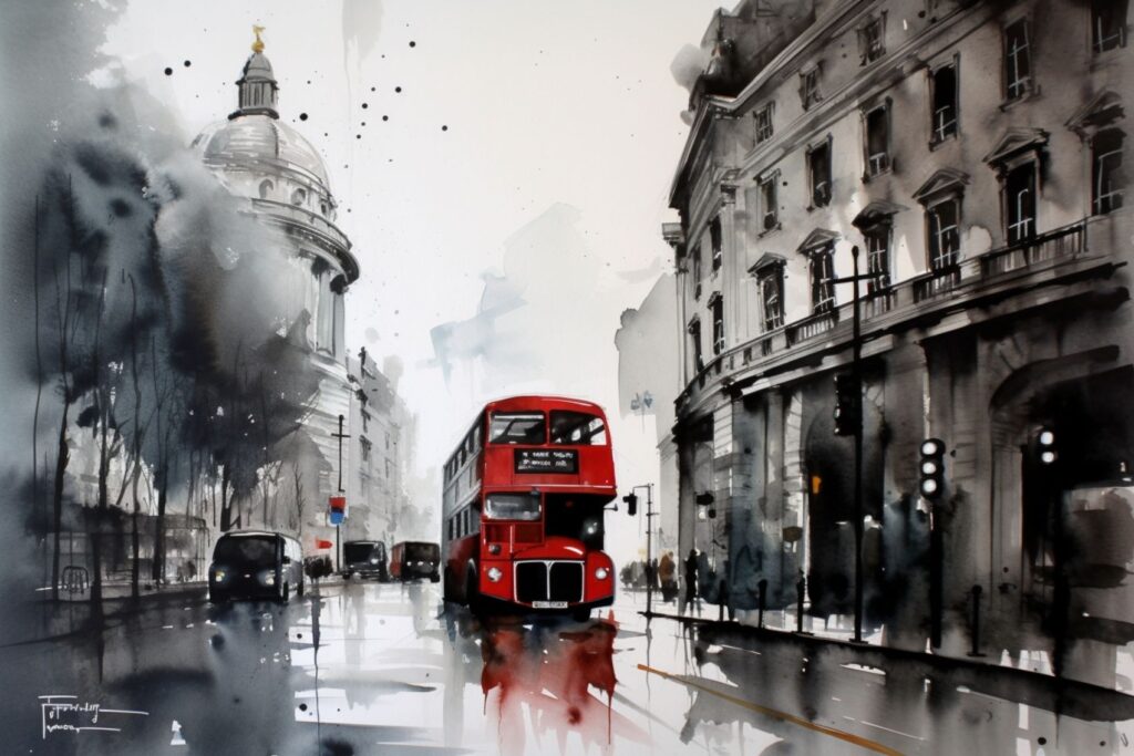 Red double-decker bus on a rainy London street in black and white, with ink-style buildings and reflections.