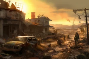 Post-apocalyptic ruined settlement with collapsed buildings, abandoned cars and lone figures beneath a dusty amber sky.