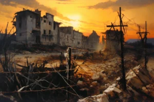 Ruined city buildings and barbed wire silhouetted against a glowing orange sunset.