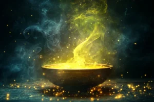 Dark engraved bowl glowing with golden light, rising smoke and sparkling particles
