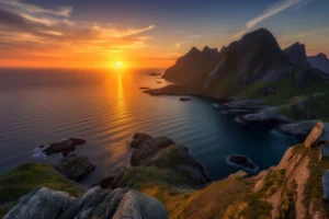 Golden midnight sun reflecting across calm sea beside steep green and rocky Lofoten mountains.