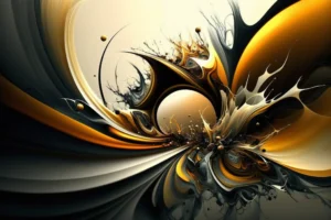 Abstract artwork with sweeping black, gold and ivory forms, fluid splashes and circular shapes.