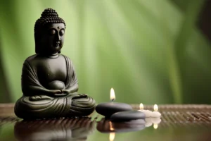 Dark seated Buddha beside smooth black stones and softly glowing candles against a tranquil green background.