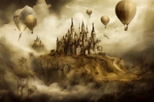 Sepia fantasy city on a mountain surrounded by mist with vintage hot-air balloons floating overhead.