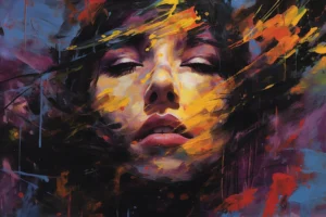 Expressive abstract portrait of a woman with eyes closed amid bold yellow, orange, purple and blue paint splashes.