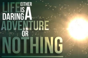 Bold inspirational quote typography beside a glowing burst of light and floating sparks on a green-gold background.