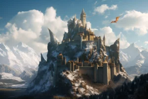 Fantasy stone castle rising from a snow-covered mountain surrounded by alpine peaks with a dragon flying through a bright sky.