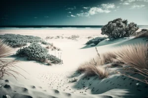 Pale coastal dunes with grasses and shrubs leading to a calm blue-green sea beneath an open sky.