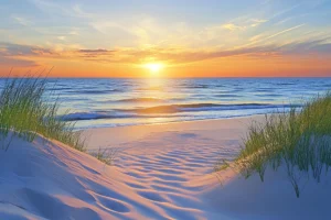 Golden sunset over a calm beach framed by pale sand dunes and green dune grass.