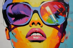 Bold pop art portrait with oversized mirrored sunglasses, yellow skin, pink lips and bright turquoise, violet and orange paint.