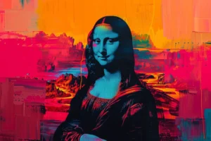Pop-art reinterpretation of the Mona Lisa in cyan and black against vivid orange, pink and red painted textures.