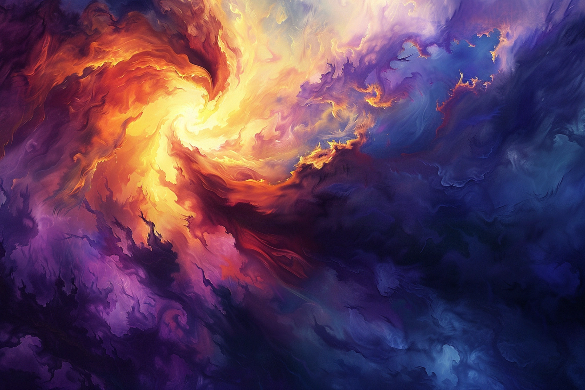 Abstract swirl of molten orange and gold colliding with deep blue and violet cloud-like forms.