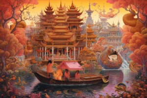 Ornate fantasy Asian temple complex glowing in warm autumn colours beside a river boat.