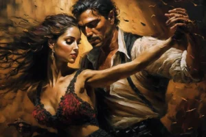 Dramatic painted couple dancing tango in warm amber, black and red tones.