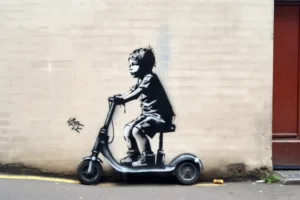 Stencil-style child riding a scooter across a pale weathered urban wall.