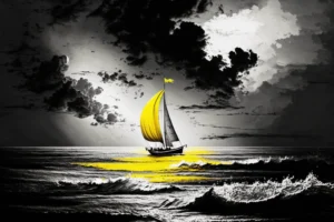 Yellow-sailed boat crossing a black-and-white ocean beneath dramatic storm clouds, with yellow reflections on the water.