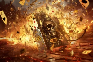 Dark fantasy artwork of a skull surrounded by flying playing cards, glowing embers and explosive golden debris.