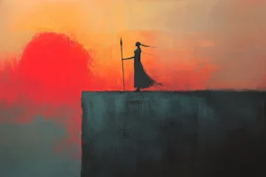 Lone spear-bearing warrior silhouette standing on a dark cliff beside a large red sunset