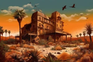 Abandoned weathered hotel in a desert landscape with palm trees, birds and a warm orange sky.