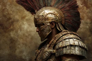 Roman centurion in profile wearing an ornate bronze helmet, dark red crest and weathered armour against a textured stone background.