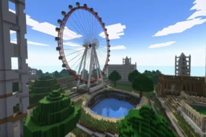 Block-style cityscape featuring the London Eye, geometric trees and blue sky.