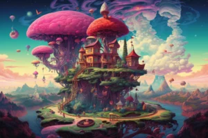 Whimsical fantasy island with giant pink mushroom trees, storybook buildings, winding paths and floating forms.