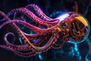 Neon magenta futuristic octopus with a transparent mechanical head against a dark blue background