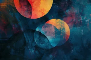 Retro abstract composition of overlapping orange and teal circles on a textured dark blue background
