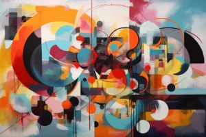 Modern abstract composition of overlapping circles, arcs and blocks in orange, teal, red, yellow, black and pale blue.