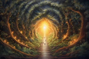 Glowing golden portal at the end of a forest path surrounded by huge trees and tiny figures walking toward the light.