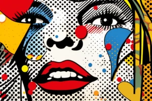 Close-up pop art portrait with bold black outlines, halftone dots, red lips and bright red, yellow and blue graphic shapes.