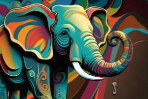 Colourful abstract elephant with a curled trunk, white tusk and flowing teal, orange, yellow and magenta patterns.