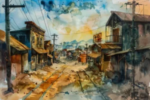 Expressive watercolour of an old Japanese mountain town street with utility poles, traditional houses and distant mountains.