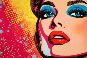 Colourful pop art close-up of a woman with blue eye shadow, black lashes and glossy red lips against a halftone background.