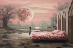 Surreal pink dreamscape with a bed outdoors, a solitary figure, a distant city skyline and an enormous rose-tinted moon.
